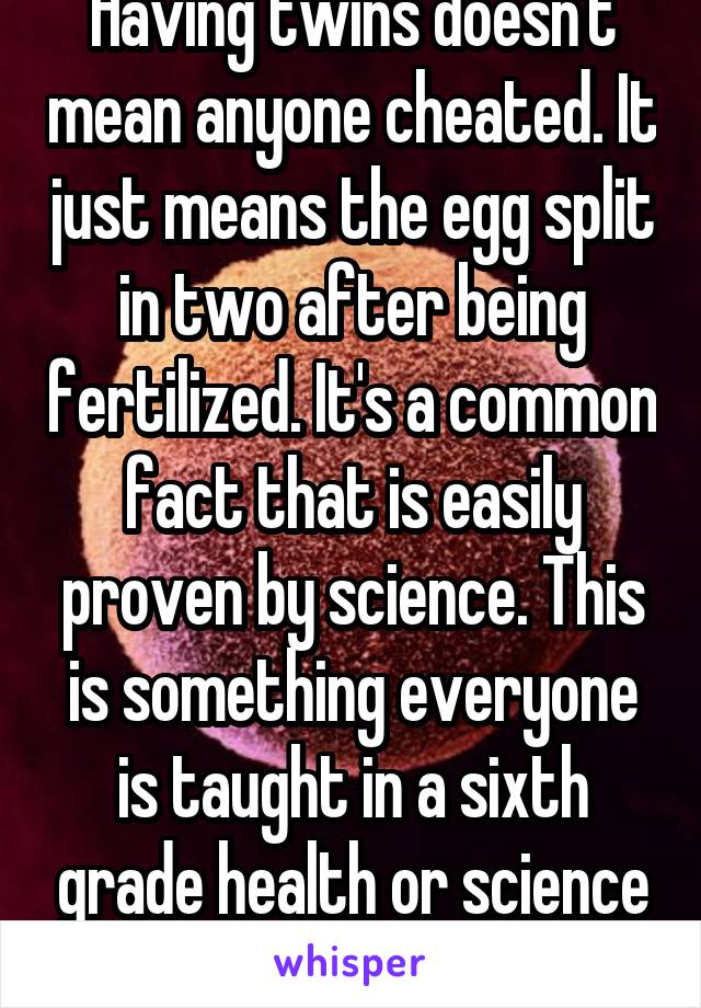 Having twins doesn't mean anyone cheated. It just means the egg split in two after being fertilized. It's a common fact that is easily proven by science. This is something everyone is taught in a sixth grade health or science class...