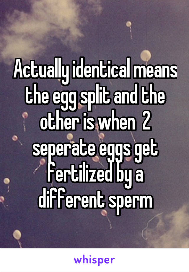 Actually identical means the egg split and the other is when  2 seperate eggs get fertilized by a different sperm