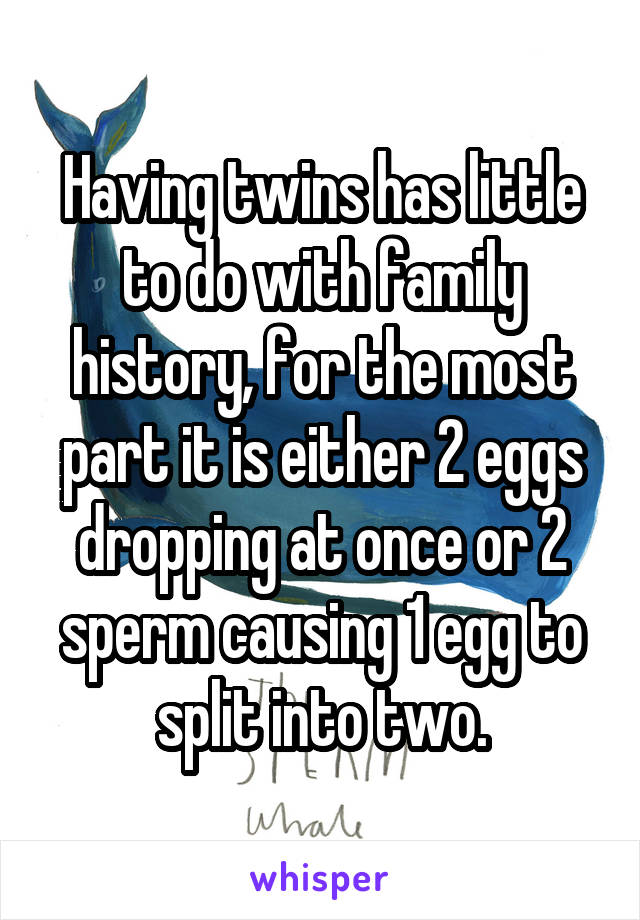 Having twins has little to do with family history, for the most part it is either 2 eggs dropping at once or 2 sperm causing 1 egg to split into two.