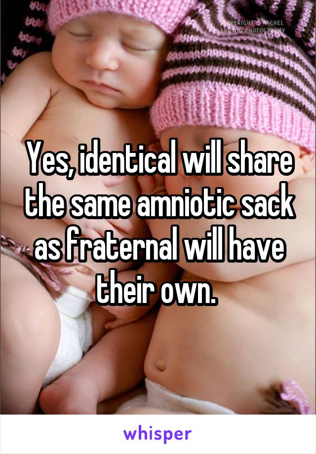 Yes, identical will share the same amniotic sack as fraternal will have their own. 