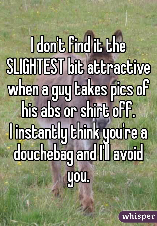 I don't find it the SLIGHTEST bit attractive when a guy takes pics of his abs or shirt off.
I instantly think you're a douchebag and I'll avoid you.