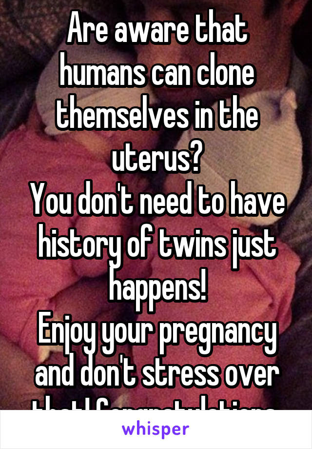 Are aware that humans can clone themselves in the uterus?
You don't need to have history of twins just happens!
Enjoy your pregnancy and don't stress over that! Congratulations 