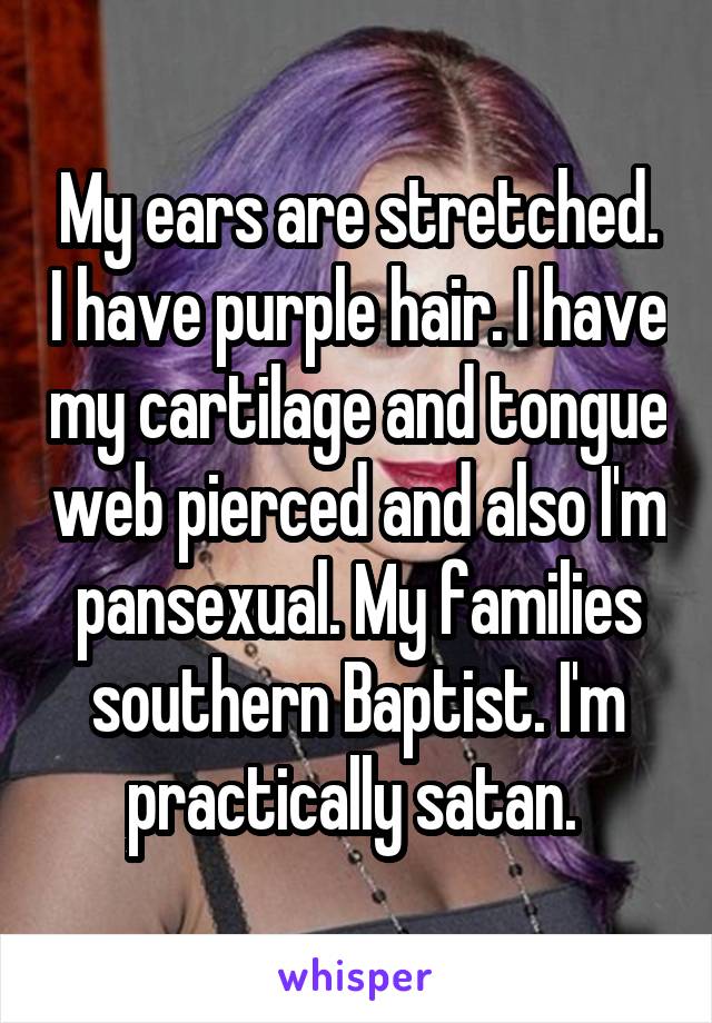 My ears are stretched. I have purple hair. I have my cartilage and tongue web pierced and also I'm pansexual. My families southern Baptist. I'm practically satan. 