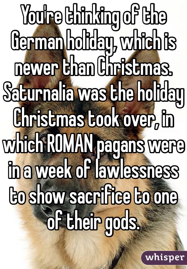 You're thinking of the German holiday, which is newer than Christmas. Saturnalia was the holiday Christmas took over, in which ROMAN pagans were in a week of lawlessness to show sacrifice to one of their gods.