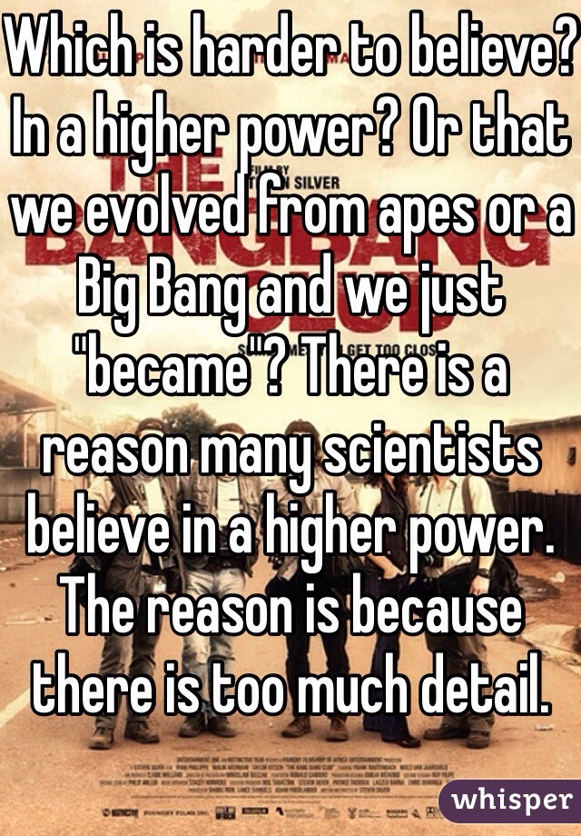 Which is harder to believe? In a higher power? Or that we evolved from apes or a Big Bang and we just "became"? There is a reason many scientists believe in a higher power. The reason is because there is too much detail. 