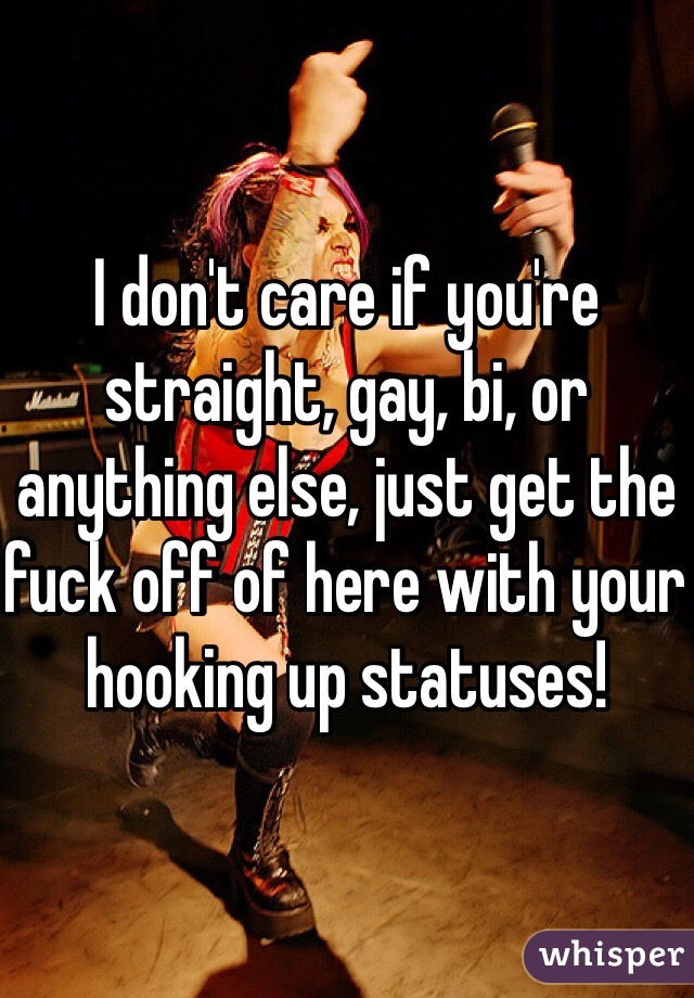 I don't care if you're straight, gay, bi, or anything else, just get the fuck off of here with your hooking up statuses!