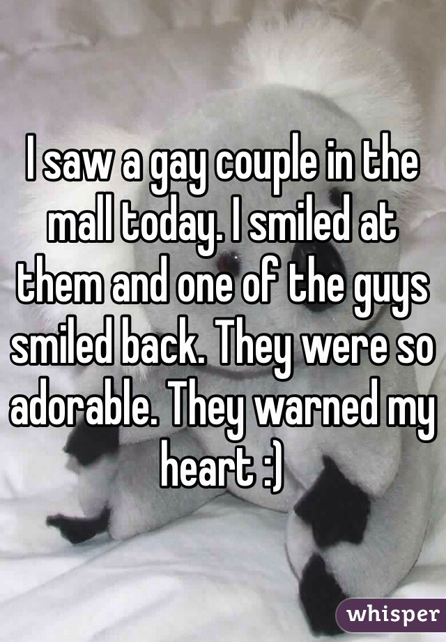 I saw a gay couple in the mall today. I smiled at them and one of the guys smiled back. They were so adorable. They warned my heart :)