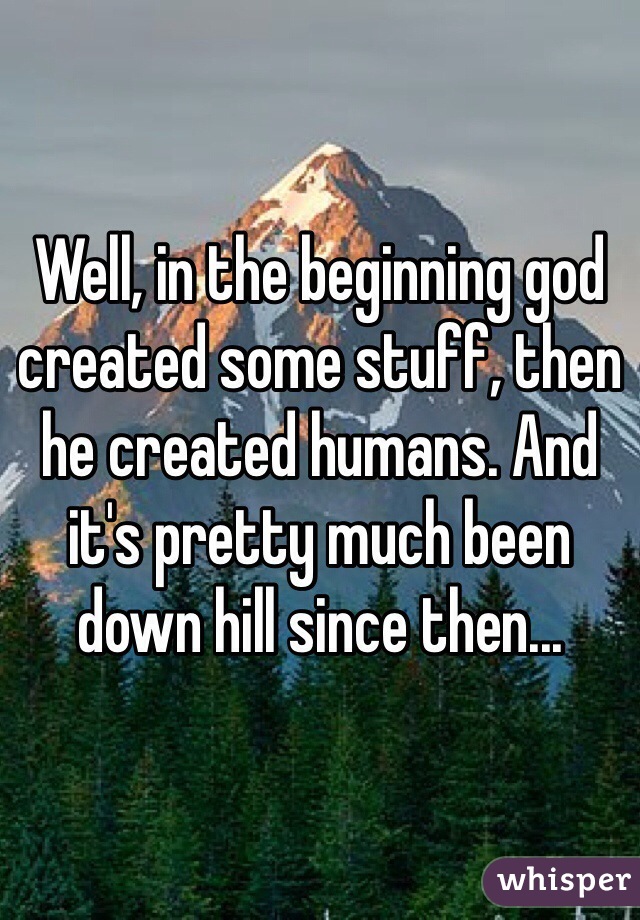 Well, in the beginning god created some stuff, then he created humans. And it's pretty much been down hill since then...