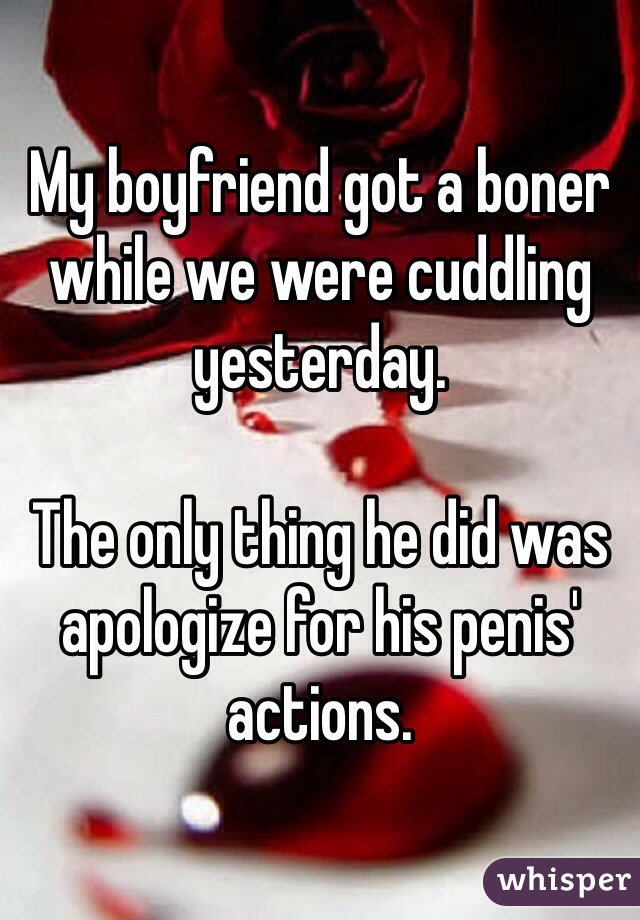 My boyfriend got a boner while we were cuddling yesterday.

The only thing he did was apologize for his penis' actions. 