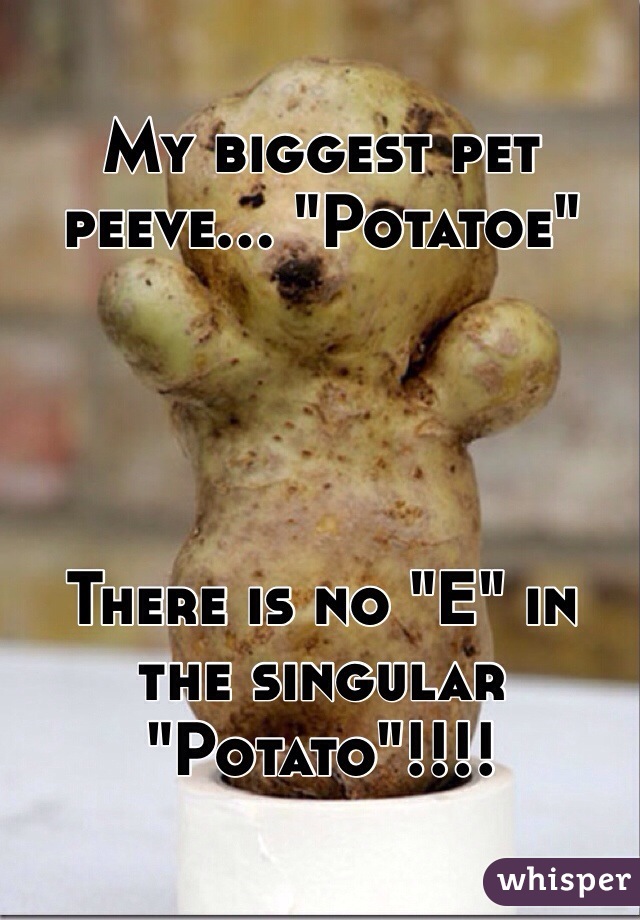 My biggest pet peeve... "Potatoe"




There is no "E" in the singular 
"Potato"!!!!