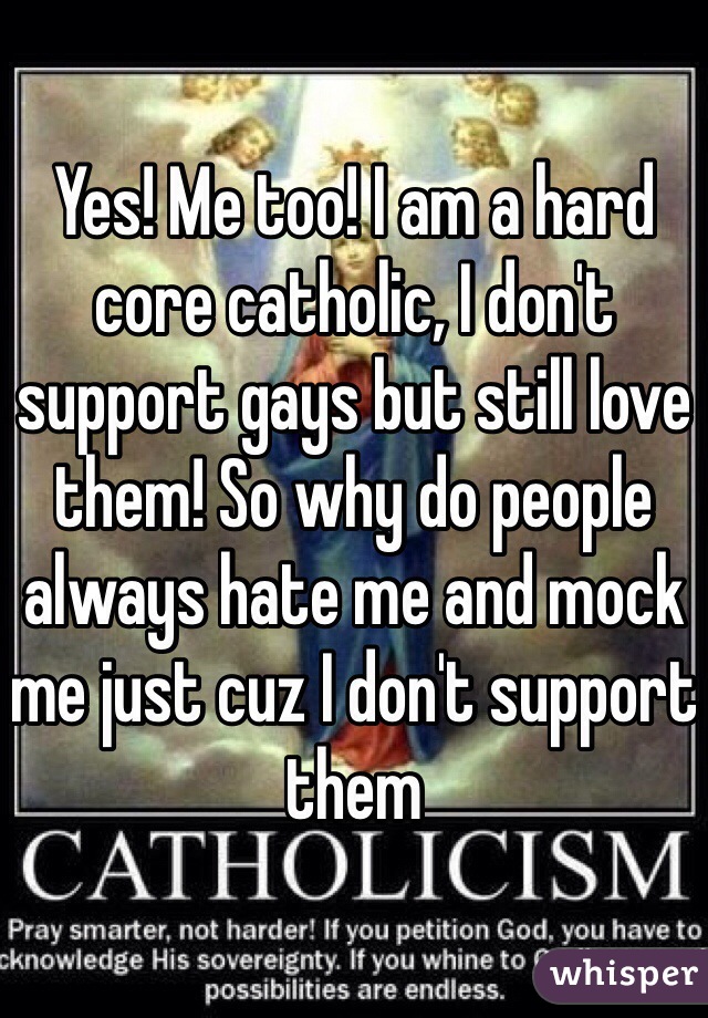 Yes! Me too! I am a hard core catholic, I don't support gays but still love them! So why do people always hate me and mock me just cuz I don't support them 
