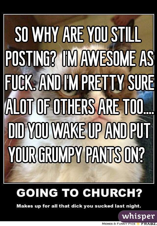 SO WHY ARE YOU STILL POSTING?  I'M AWESOME AS FUCK. AND I'M PRETTY SURE ALOT OF OTHERS ARE TOO.... DID YOU WAKE UP AND PUT YOUR GRUMPY PANTS ON?  