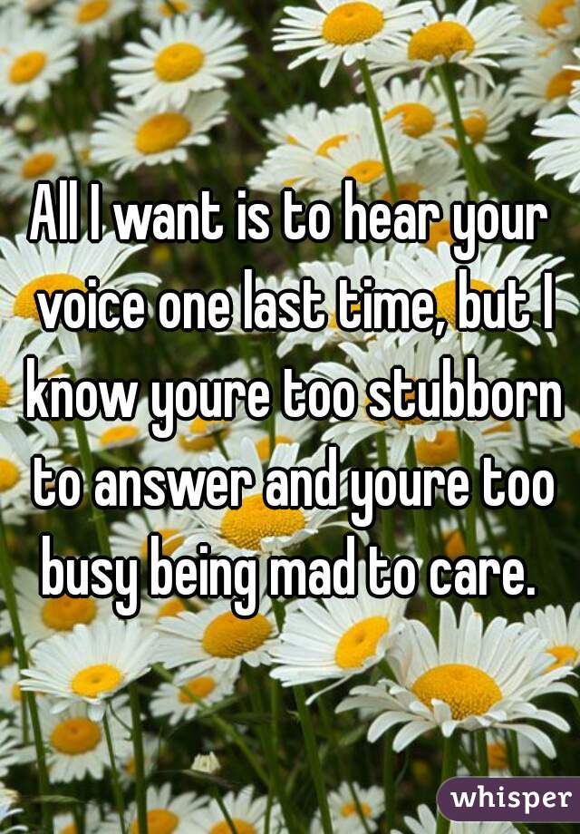 All I want is to hear your voice one last time, but I know youre too stubborn to answer and youre too busy being mad to care. 
