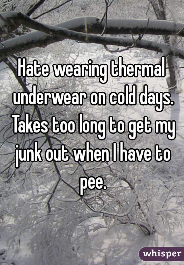 Hate wearing thermal underwear on cold days. Takes too long to get my junk out when I have to pee.