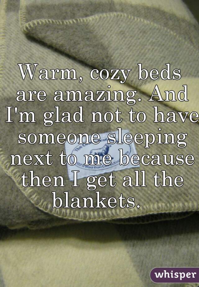 Warm, cozy beds are amazing. And I'm glad not to have someone sleeping next to me because then I get all the blankets.  