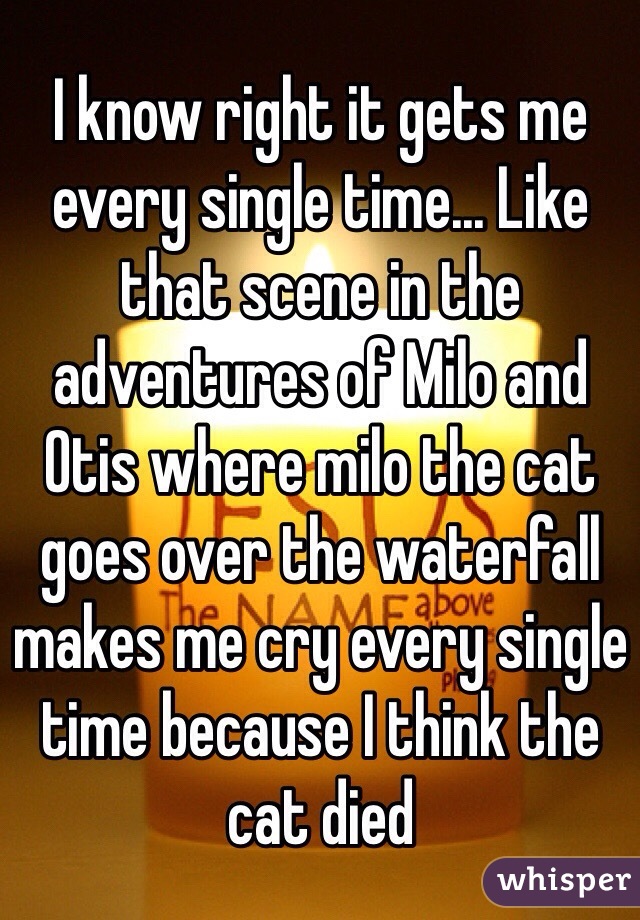 I know right it gets me every single time... Like that scene in the adventures of Milo and Otis where milo the cat goes over the waterfall makes me cry every single time because I think the cat died