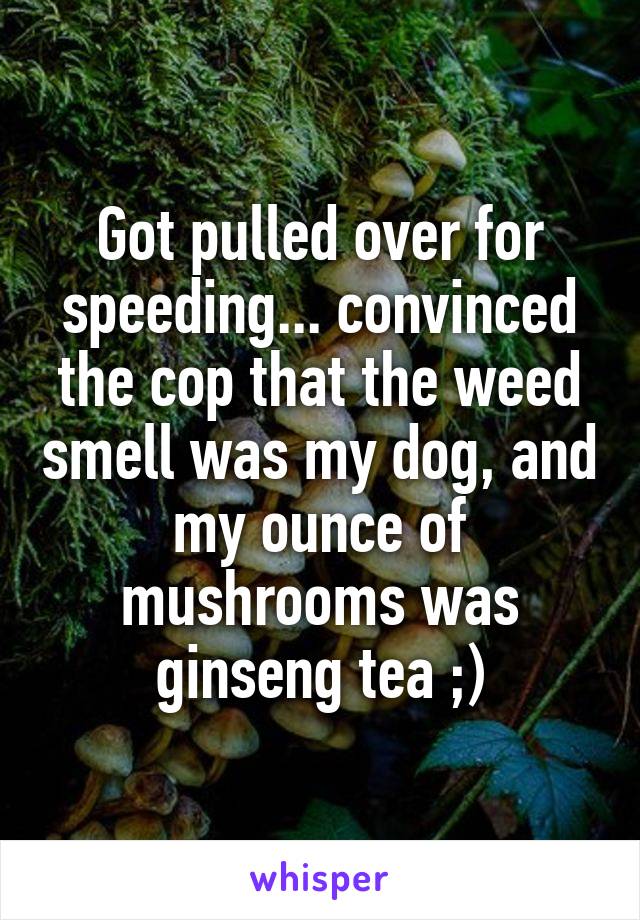 Got pulled over for speeding... convinced the cop that the weed smell was my dog, and my ounce of mushrooms was ginseng tea ;)