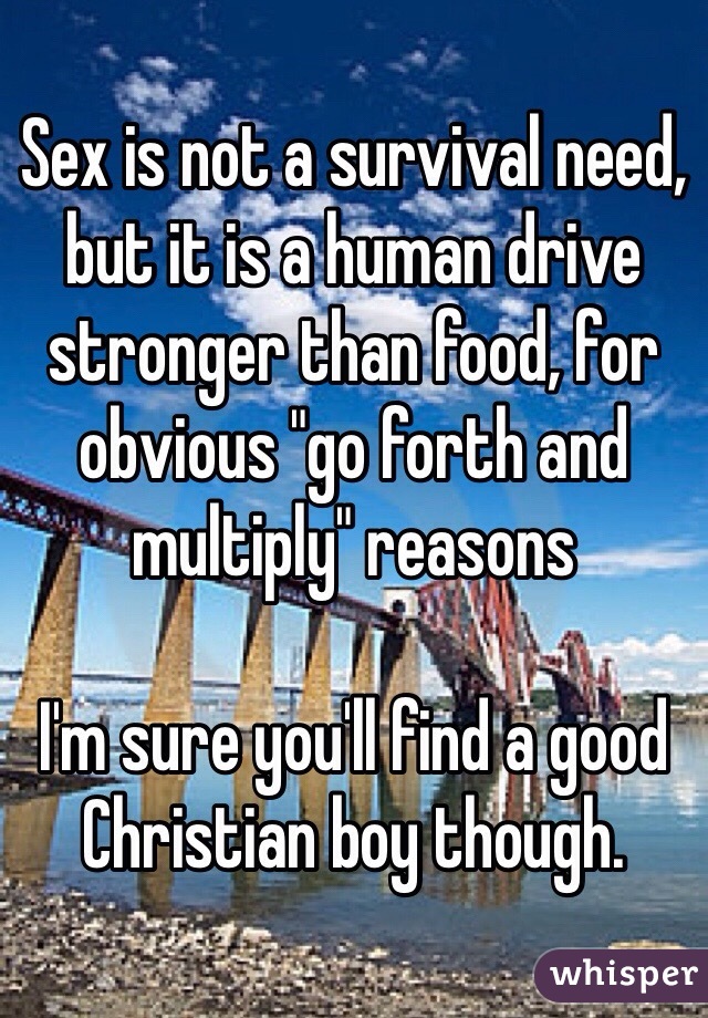Sex is not a survival need, but it is a human drive stronger than food, for obvious "go forth and multiply" reasons

I'm sure you'll find a good Christian boy though. 