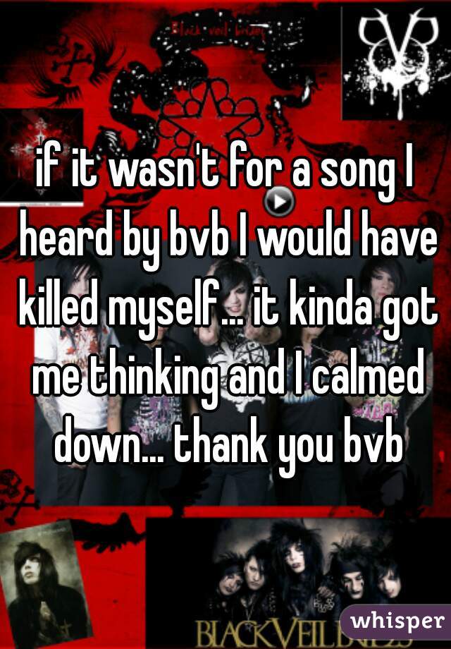 if it wasn't for a song I heard by bvb I would have killed myself... it kinda got me thinking and I calmed down... thank you bvb