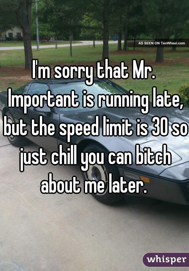 I'm sorry that Mr. Important is running late, but the speed limit is 30 so just chill you can bitch about me later. 