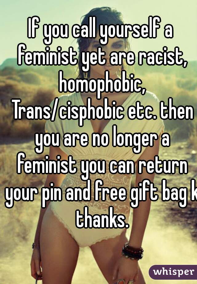 If you call yourself a feminist yet are racist, homophobic, Trans/cisphobic etc. then you are no longer a feminist you can return your pin and free gift bag k thanks.
