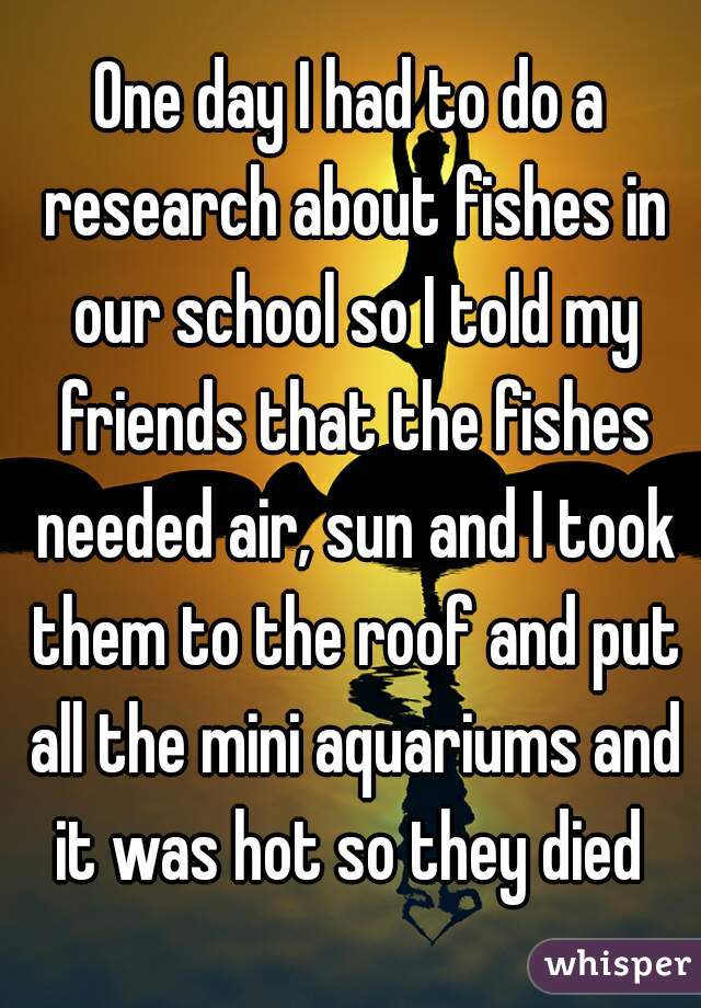 One day I had to do a research about fishes in our school so I told my friends that the fishes needed air, sun and I took them to the roof and put all the mini aquariums and it was hot so they died 