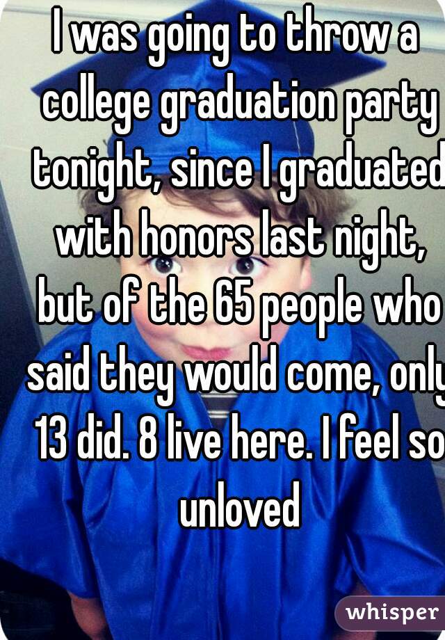 I was going to throw a college graduation party tonight, since I graduated with honors last night, but of the 65 people who said they would come, only 13 did. 8 live here. I feel so unloved