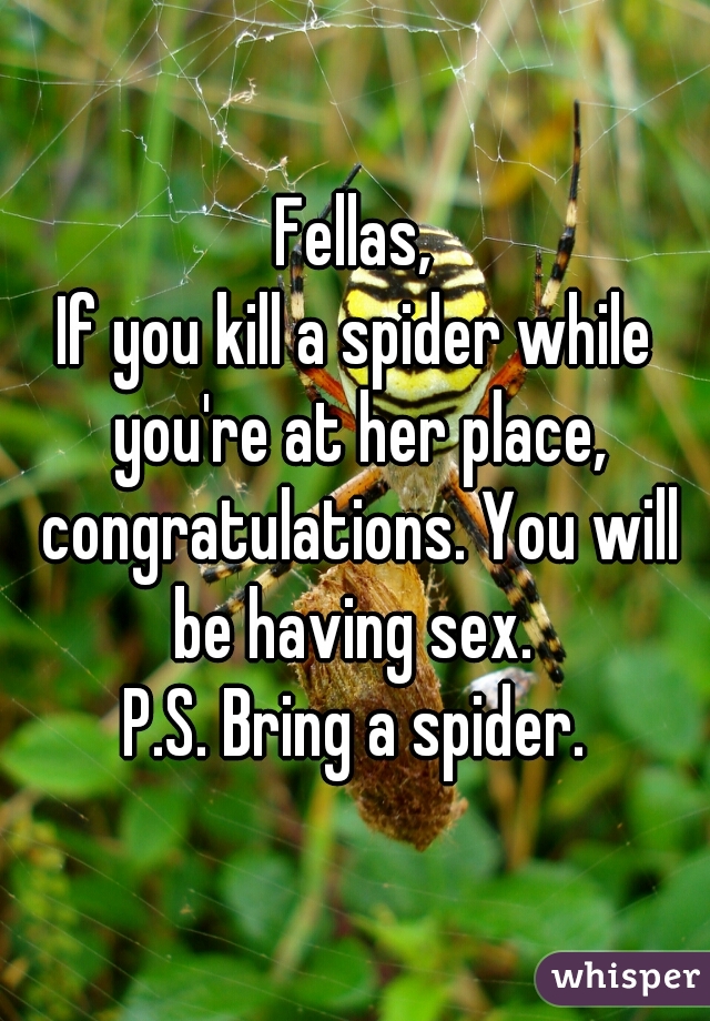 Fellas,
If you kill a spider while you're at her place, congratulations. You will be having sex. 
P.S. Bring a spider.