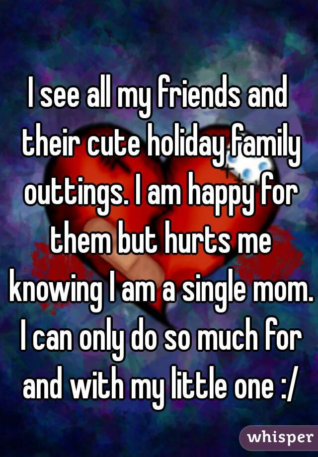 I see all my friends and their cute holiday family outtings. I am happy for them but hurts me knowing I am a single mom. I can only do so much for and with my little one :/