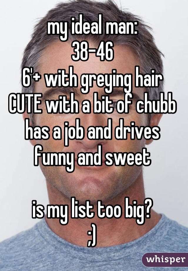 my ideal man:
38-46
6'+ with greying hair
CUTE with a bit of chubb
has a job and drives 
funny and sweet

is my list too big?
;)