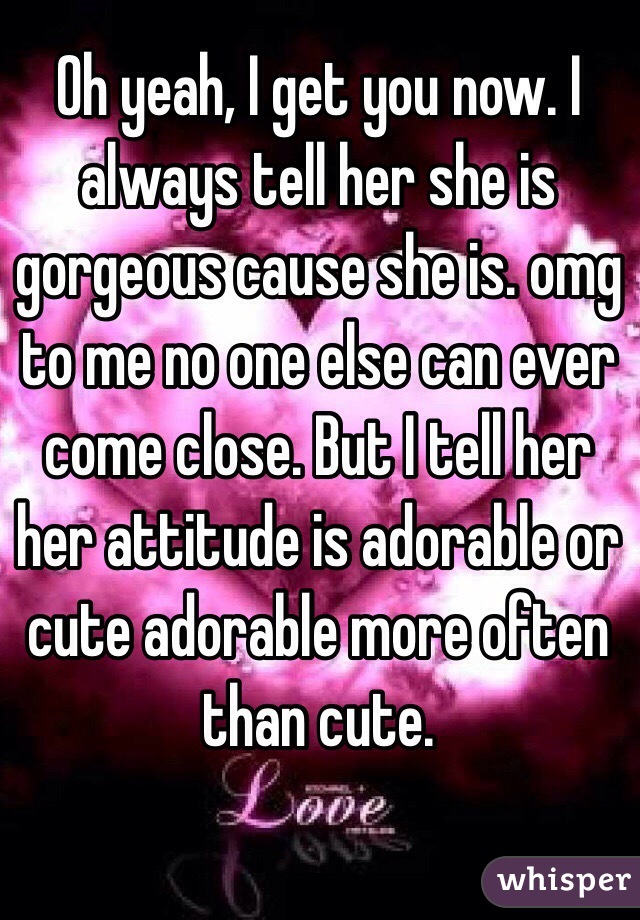 Oh yeah, I get you now. I always tell her she is gorgeous cause she is. omg to me no one else can ever come close. But I tell her her attitude is adorable or cute adorable more often than cute.