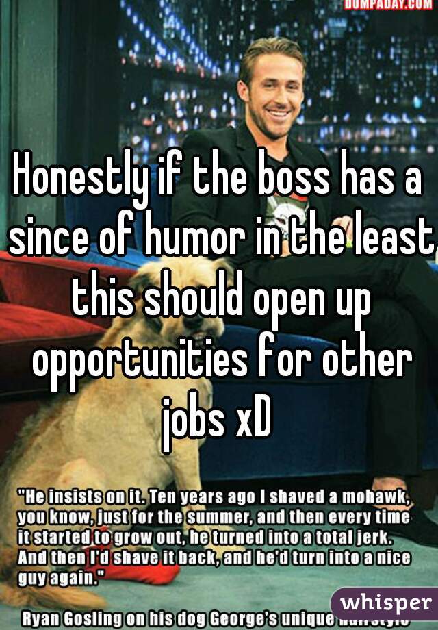 Honestly if the boss has a since of humor in the least this should open up opportunities for other jobs xD 