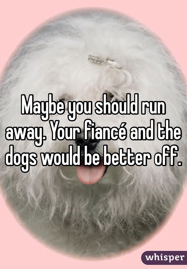 Maybe you should run away. Your fiancé and the dogs would be better off. 