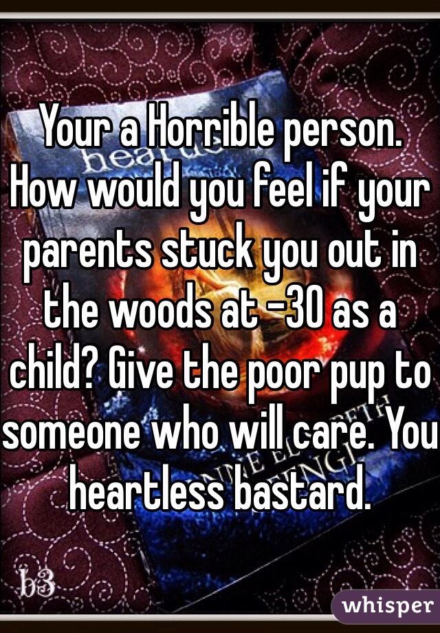Your a Horrible person. How would you feel if your parents stuck you out in the woods at -30 as a child? Give the poor pup to someone who will care. You heartless bastard. 