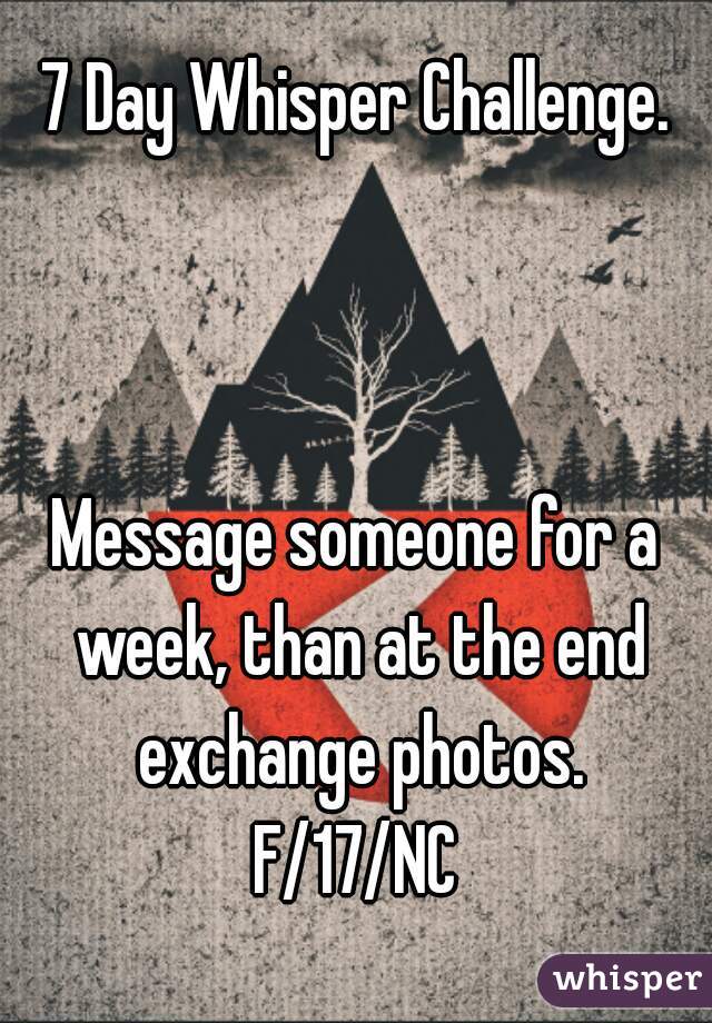 7 Day Whisper Challenge.



Message someone for a week, than at the end exchange photos.
F/17/NC