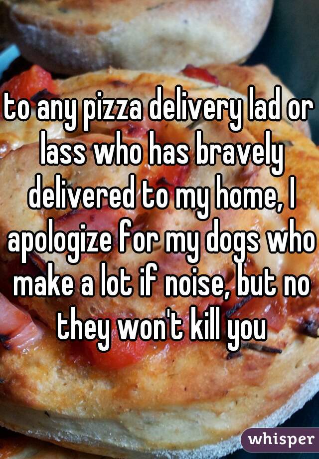 to any pizza delivery lad or lass who has bravely delivered to my home, I apologize for my dogs who make a lot if noise, but no they won't kill you
