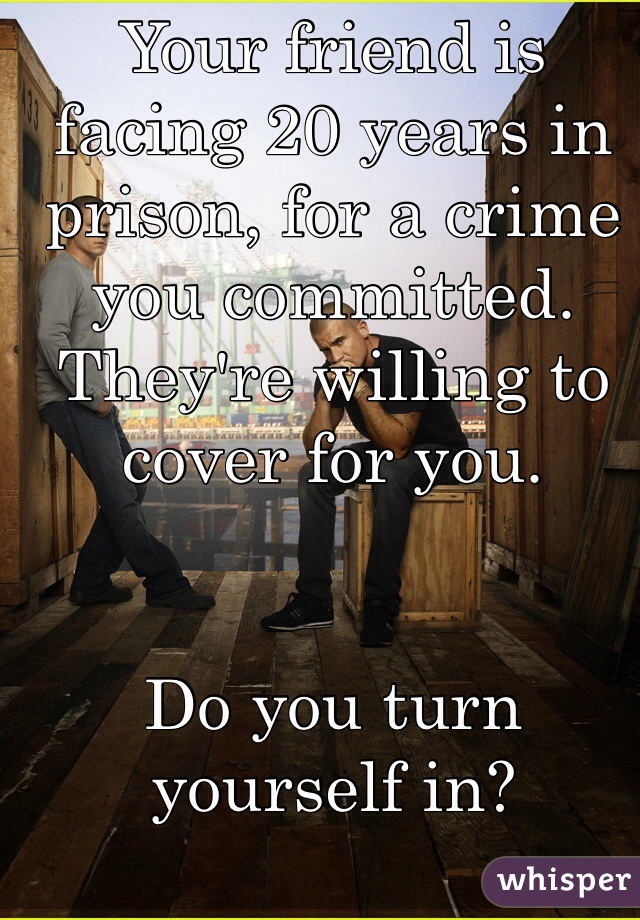 Your friend is facing 20 years in prison, for a crime you committed. 
They're willing to cover for you.


Do you turn yourself in?
