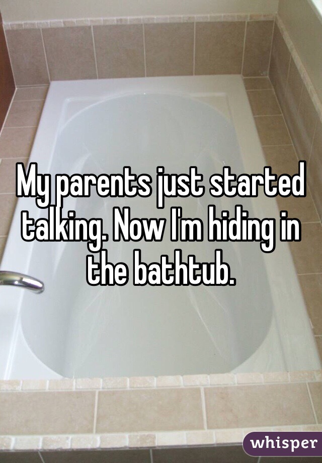My parents just started talking. Now I'm hiding in the bathtub.
