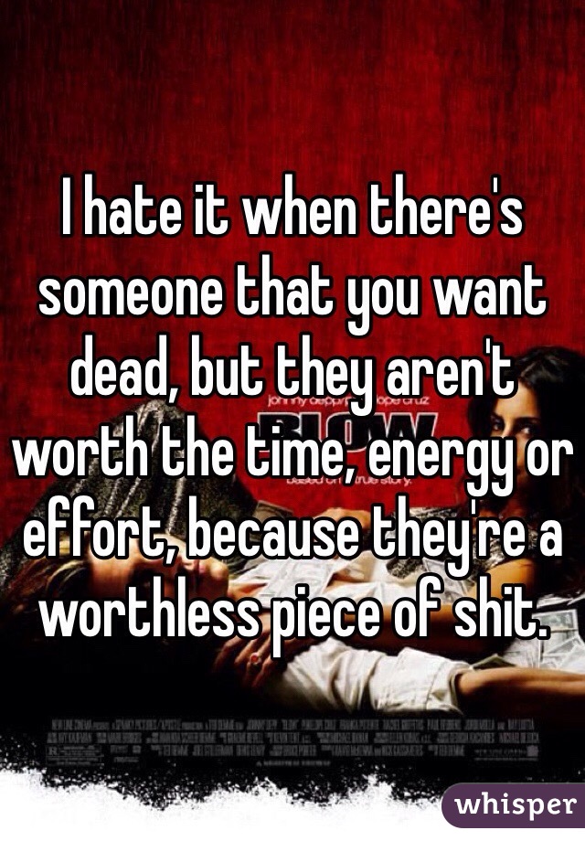 I hate it when there's someone that you want dead, but they aren't worth the time, energy or effort, because they're a worthless piece of shit. 