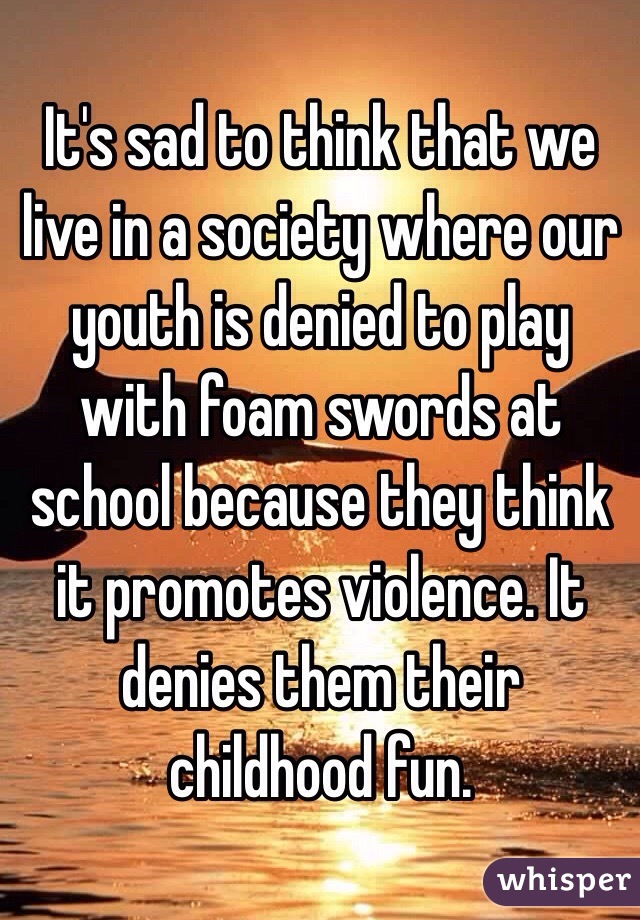 It's sad to think that we live in a society where our youth is denied to play with foam swords at school because they think it promotes violence. It denies them their childhood fun.