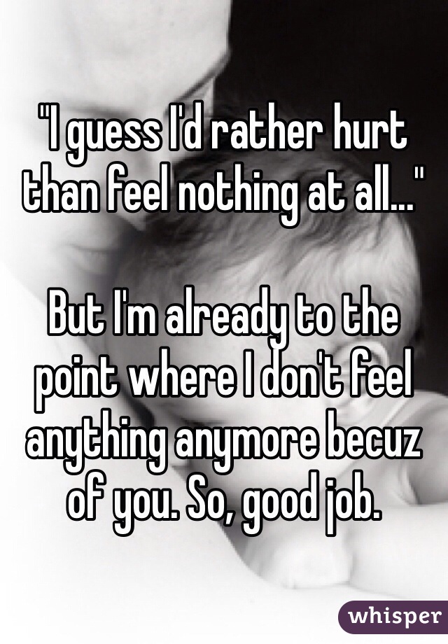 "I guess I'd rather hurt than feel nothing at all..."

But I'm already to the point where I don't feel anything anymore becuz of you. So, good job. 