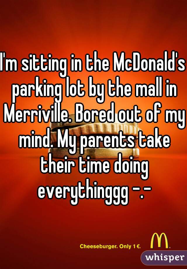 I'm sitting in the McDonald's parking lot by the mall in Merriville. Bored out of my mind. My parents take their time doing everythinggg -.-