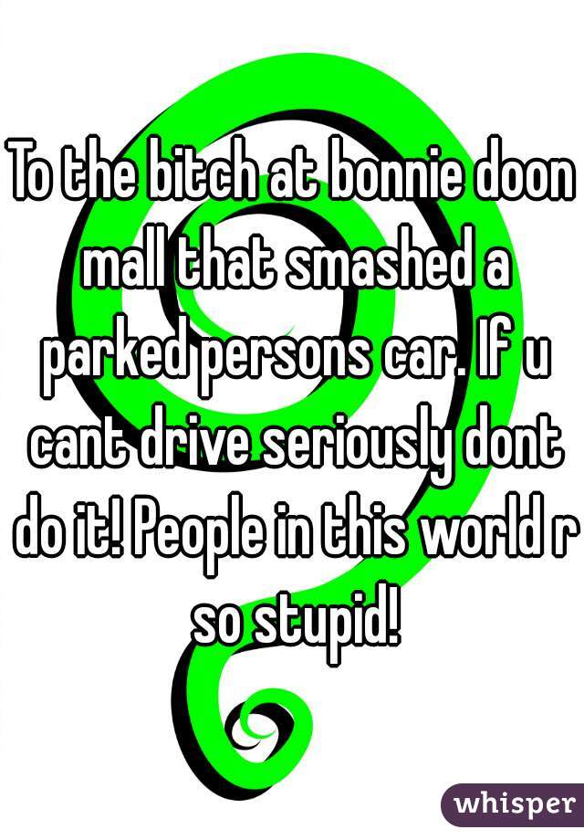 To the bitch at bonnie doon mall that smashed a parked persons car. If u cant drive seriously dont do it! People in this world r so stupid!