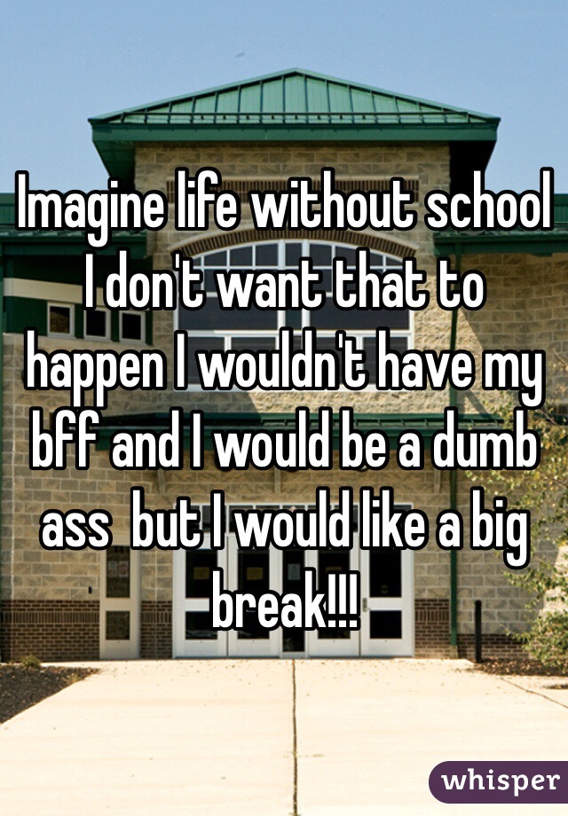 Imagine life without school I don't want that to happen I wouldn't have my bff and I would be a dumb ass  but I would like a big break!!!