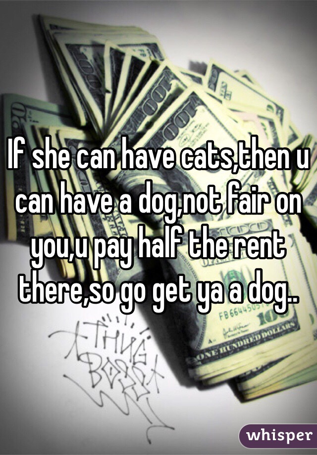 If she can have cats,then u can have a dog,not fair on you,u pay half the rent there,so go get ya a dog..