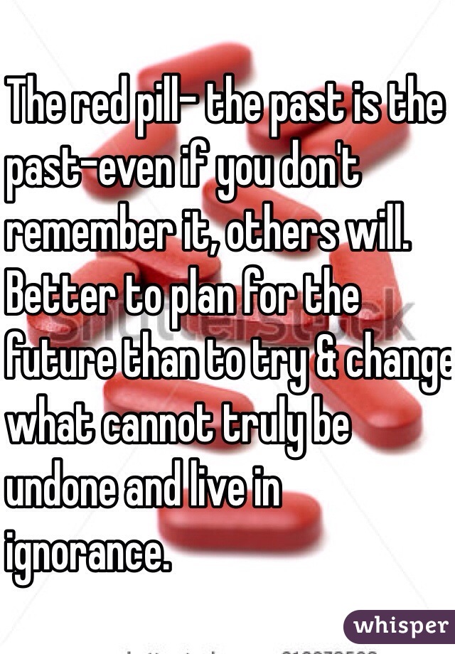 The red pill- the past is the
past-even if you don't
remember it, others will.
Better to plan for the 
future than to try & change
what cannot truly be 
undone and live in
ignorance. 