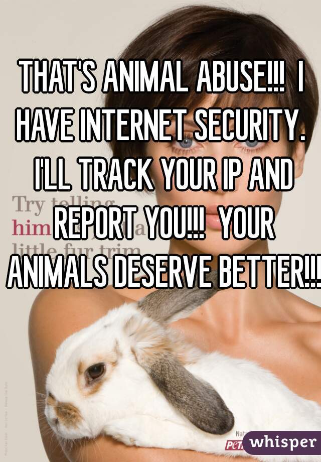 THAT'S ANIMAL ABUSE!!!  I HAVE INTERNET SECURITY.  I'LL TRACK YOUR IP AND REPORT YOU!!!  YOUR ANIMALS DESERVE BETTER!!!