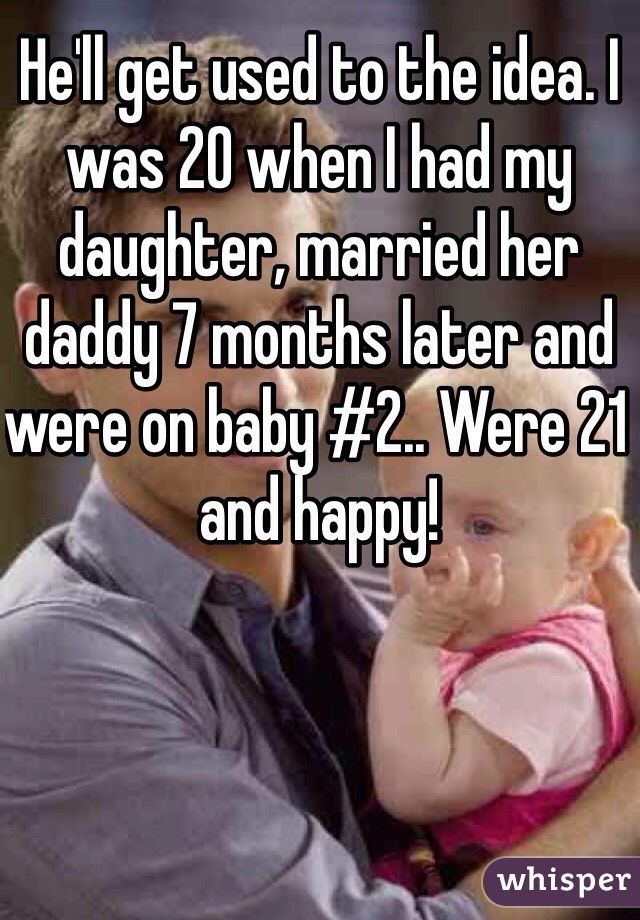 He'll get used to the idea. I was 20 when I had my daughter, married her daddy 7 months later and were on baby #2.. Were 21 and happy! 