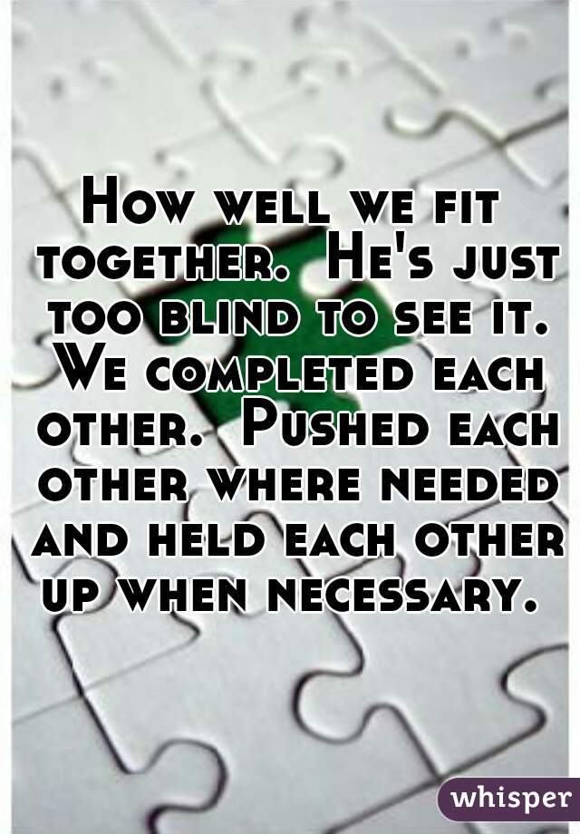 How well we fit together.  He's just too blind to see it. We completed each other.  Pushed each other where needed and held each other up when necessary. 
