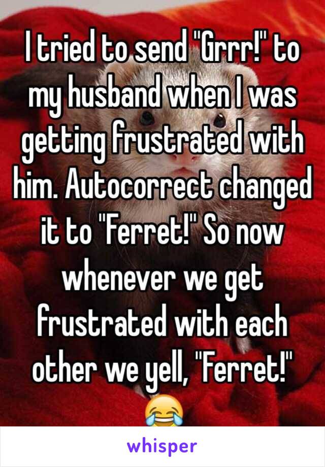 I tried to send "Grrr!" to my husband when I was getting frustrated with him. Autocorrect changed it to "Ferret!" So now whenever we get frustrated with each other we yell, "Ferret!"
😂